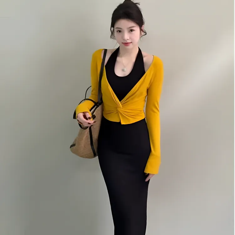 秋季新款两件套连衣裙显瘦撞色拼接长裙气质时尚长裙