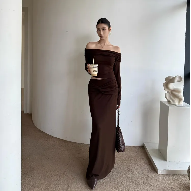 复古露肩一字肩气质气质名媛淑女长裙时尚套装辣妹风2025早秋新款