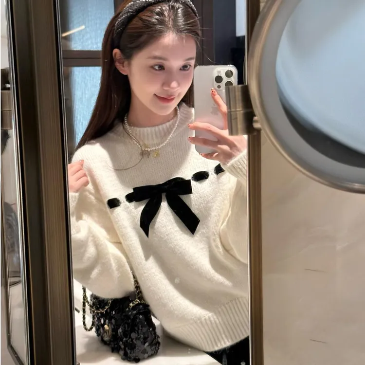 2025早春季时尚新款韩系通勤百搭减龄气质蝴蝶结精致套头针织毛衣