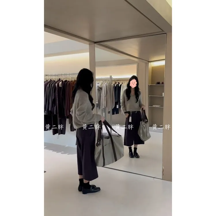 韩系chic灰色v领长袖毛衣女秋季新款慵懒风软糯针织上衣+阔腿裤子