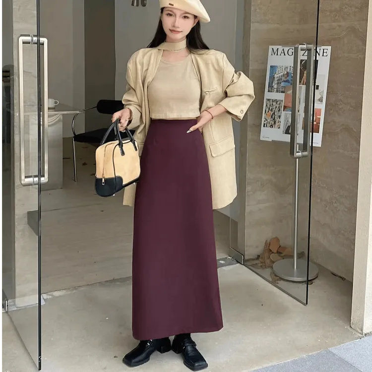 法式包臀裙女气质高腰显瘦时尚百搭开衩半身裙西装面料直筒长裙子