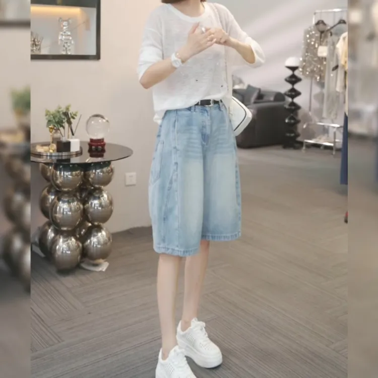 欧货花苞工装五分牛仔裤女2025夏季薄款微风大码梨型宽松休闲中裤