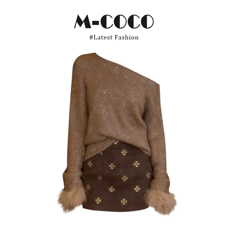 MARIE.COCO美拉德不规则斜肩毛袖针织衫性感辣妹亮片短裙秋冬套装