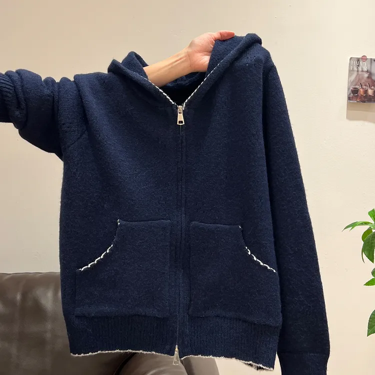 双拉链藏蓝色连帽长袖开衫上衣女2025年秋季新款针织衫毛衣外套