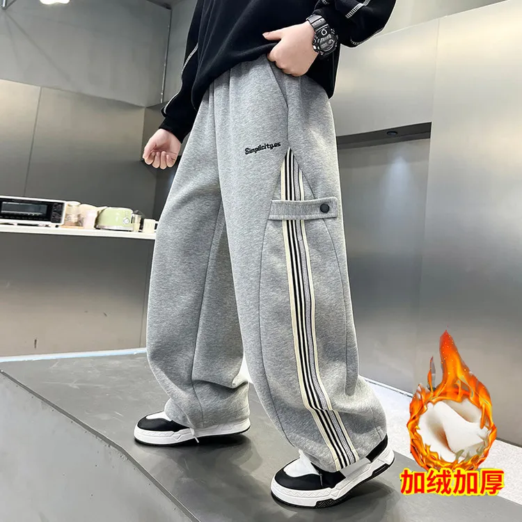 男童运动一体绒长裤2025秋冬季新款卫裤中大童男女童外穿宽松休闲