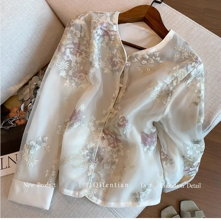 2025秋新款新中式重工衬衫欧根纱短外套女高级感气质薄款国风上衣