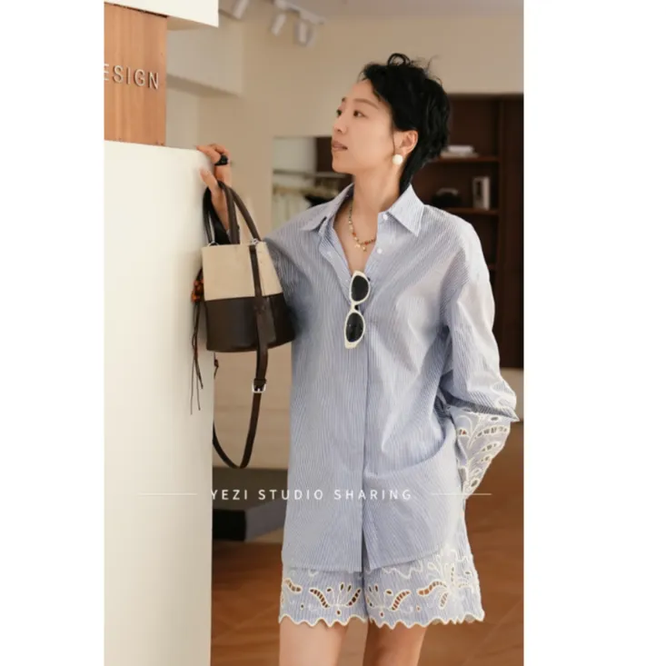 套装【巴厘岛日记】60支色织条纹全棉白色亚麻刺绣衬衫短裤25239056