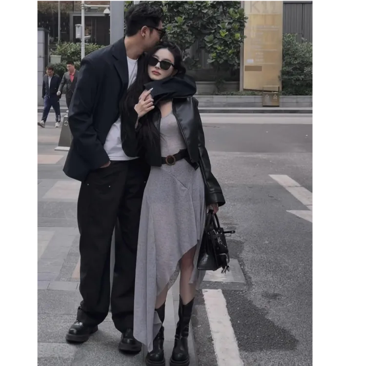 2025春季新款韩系百搭宽松皮衣外套搭简约无袖针织连衣长裙套装女