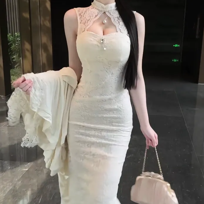 "玉兰绮梦"高贵优雅气质蕾丝花边水钻收腰新中式包臀裙开衫两件套