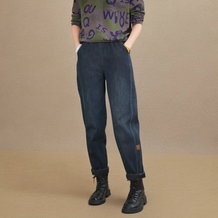 5535老爹裤复古牛仔裤加绒加厚女高腰长裤哈伦裤弹力时尚大码