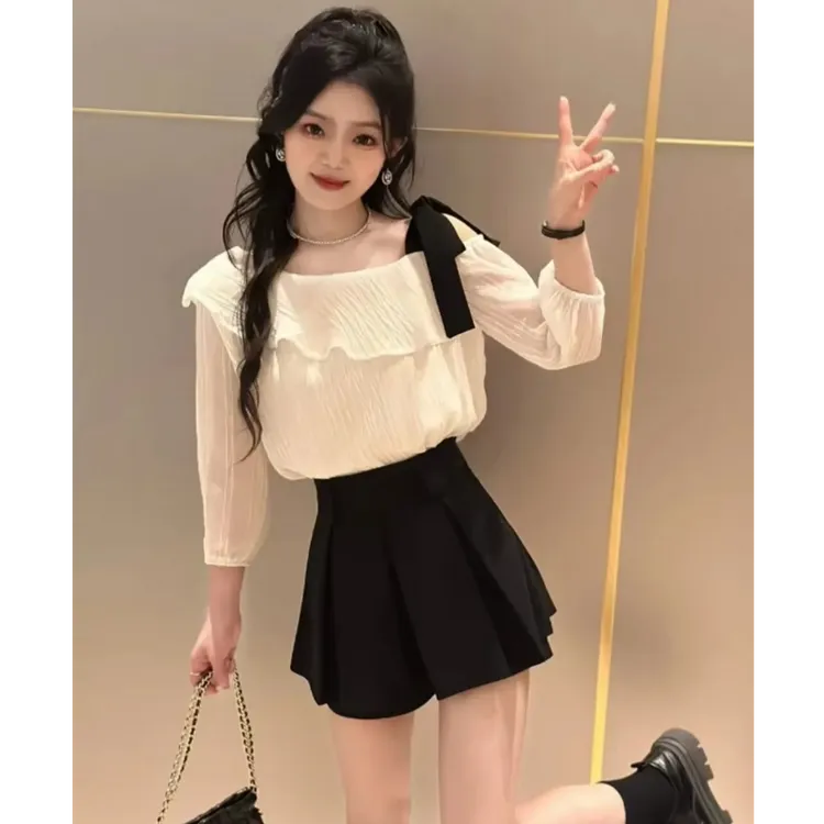 温柔风气质甜美绑带衬衫女装2025新款小众露肩雪纺衫高级衬衫套装