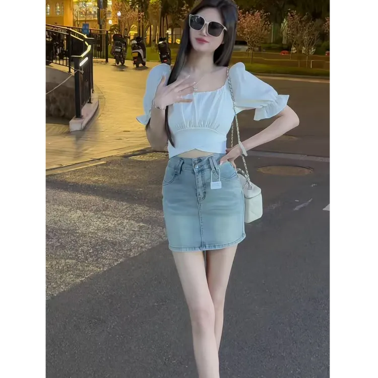小众方领泡泡袖蝴蝶结系带收腰高腰露脐短款衬衫牛仔短裙有安全裤