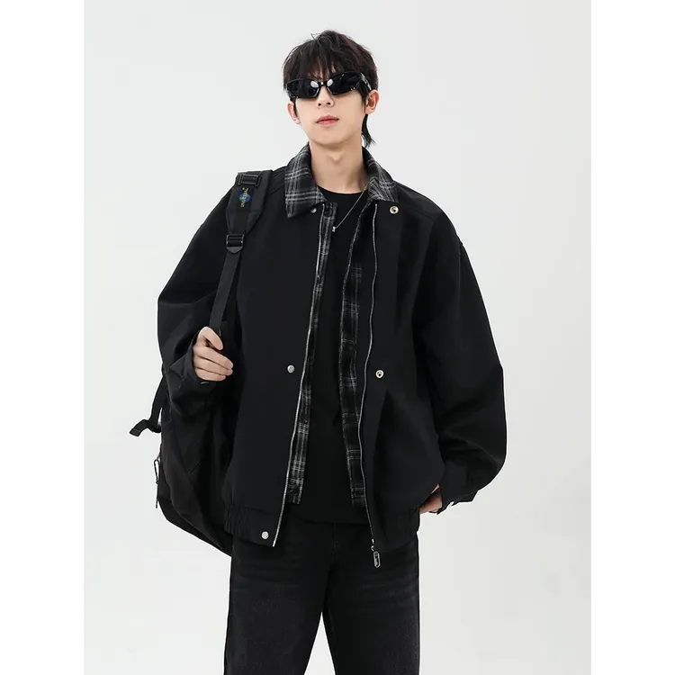 欧美假两件短款外套男春秋潮牌棒球服青少年美式cleanfit翻领夹克