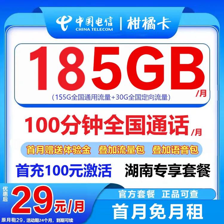 CHINA TELECOM/中国电信仅发湖南29元/月185G全国流量100分钟通话