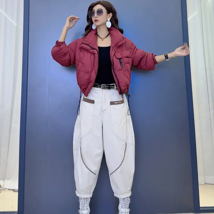 潮流纯色短款保暖羽绒服外套-时尚拼接个性韩版潮流哈伦牛仔裤