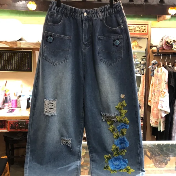 特惠新中式红原创设计作品立体花卉牛仔裤宽松