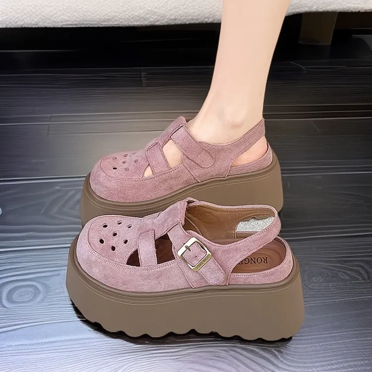 外穿复古时尚百搭夏季透气镂空时装凉鞋平底拼色包头朋克风洞洞鞋