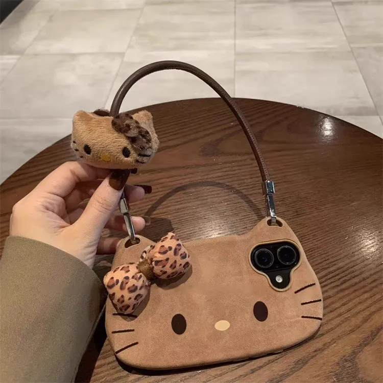 苹果|豹纹KT猫咪适用iphone16可爱蝴蝶结手拎女款15卡通ins手机壳