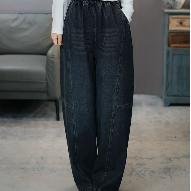 6918黑四季款牛仔裤女2026春季复古显瘦奶奶裤松紧腰时尚弯刀裤