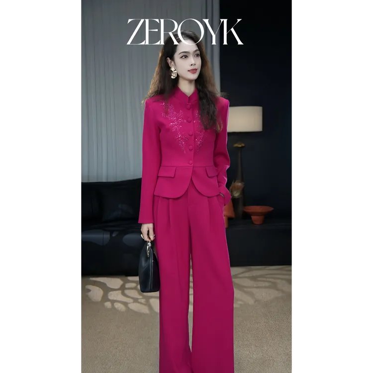 ZEROYK翎蔻 重工刺绣花纹玫红时尚年会休闲气质女神穿搭两件套