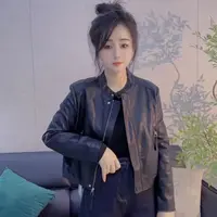 丹丹精选--5821新款暗扣圆领门襟拉链长袖皮外套