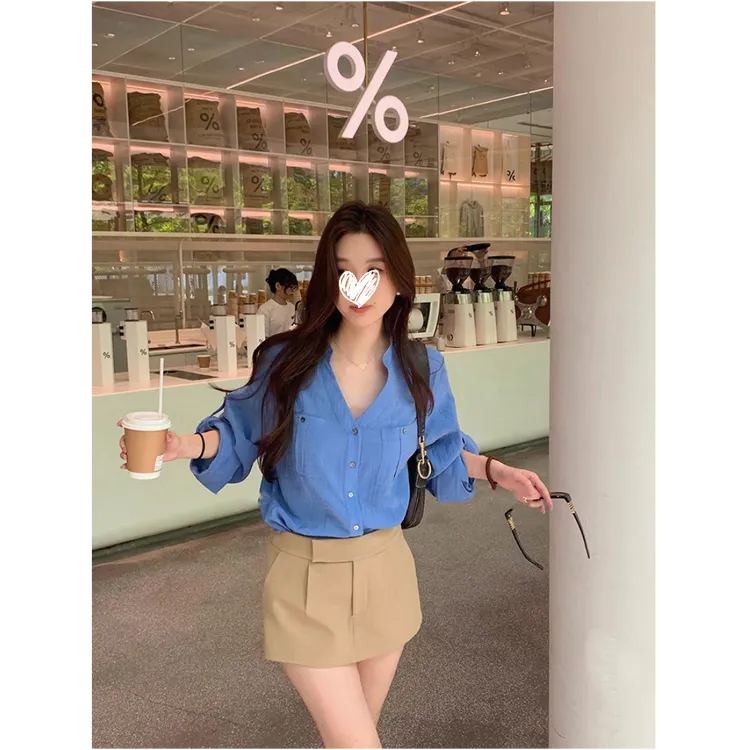 老钱风立领衬衫女夏季宽松气质薄款上衣+百搭高腰裙裤两件套