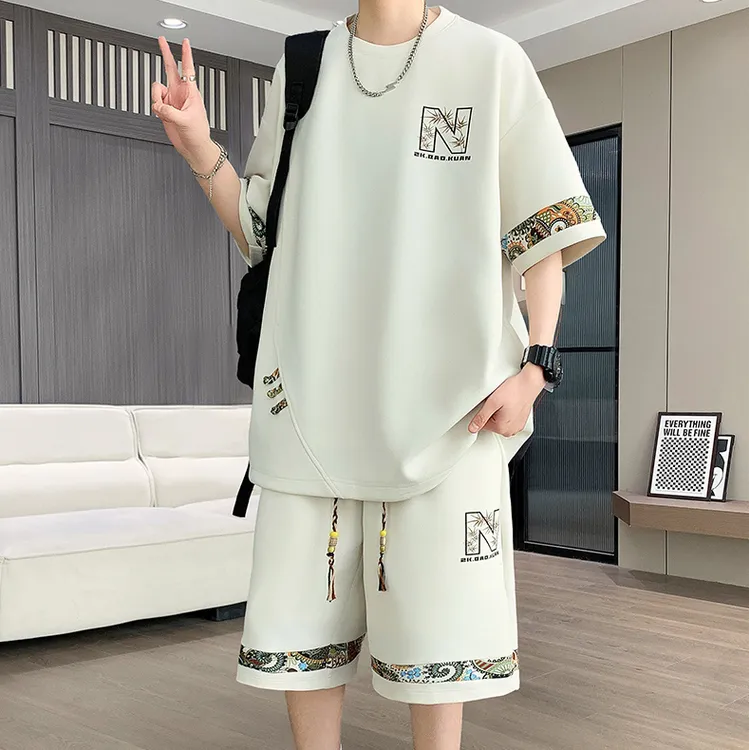 【厂家直销】2025夏季新款潮牌大码休闲运动套装男士时尚百搭两件套