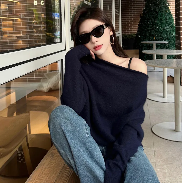 气质斜领肩长袖针织衫女秋冬季韩系宽松套头毛衣慵懒风宽松上衣潮