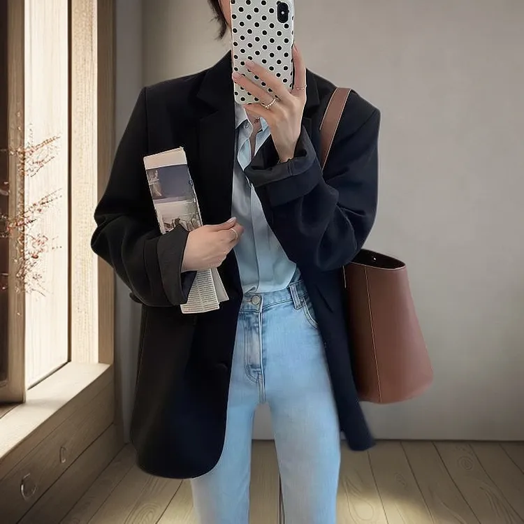 西装外套 高街风西装春秋气质网红休闲百搭黑色小西服女职业装