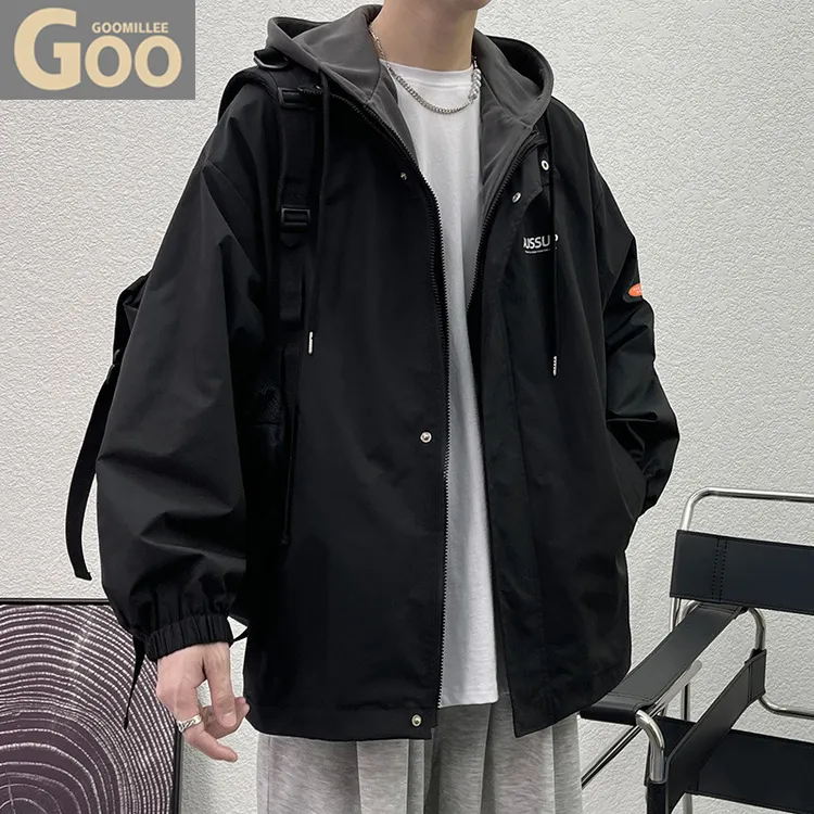 户外假两件连帽冲锋衣男士秋季新款宽松大码工装夹克潮流时尚外套