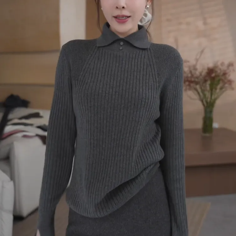 2025秋冬新款气质小翻领显瘦设计款休闲打底针织毛衣女LK2508461