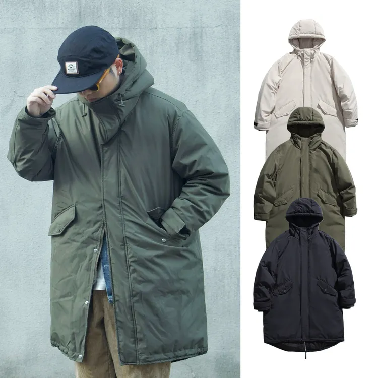 M-51连帽中长款羽绒服日系复古90白鸭绒加厚保暖外套男鱼尾风衣冬