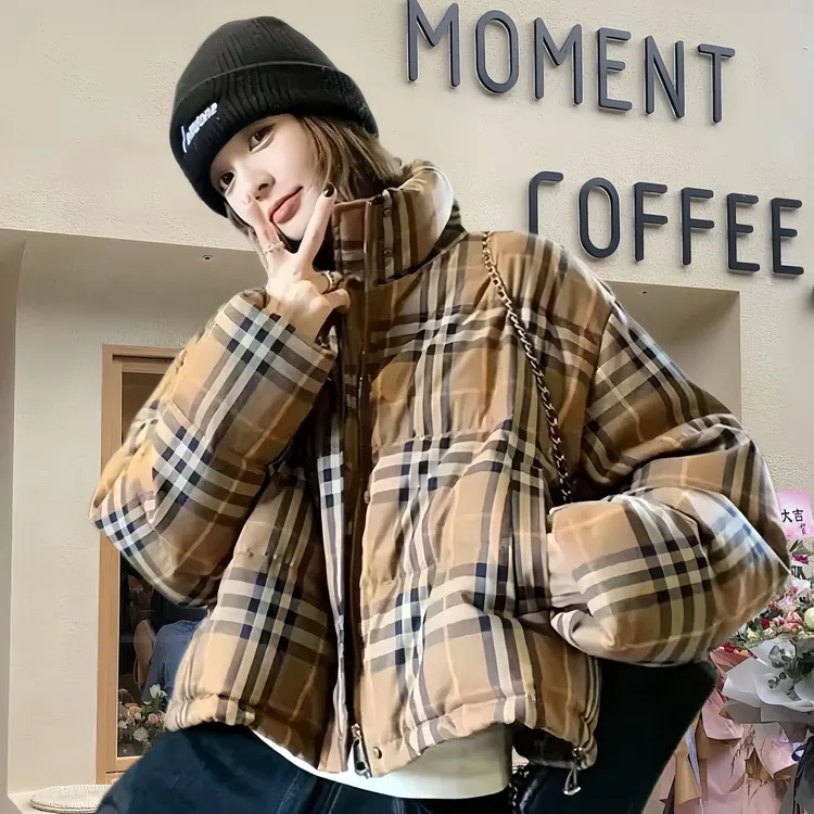 韩系宽松女款棉服耐磨不起球立领宽松型棉衣复古上衣格子面包服