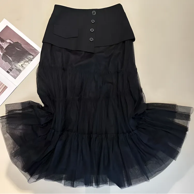 2025新品春夏款设计感时尚半身长裙网纱拼接黑色显瘦百搭裙女588