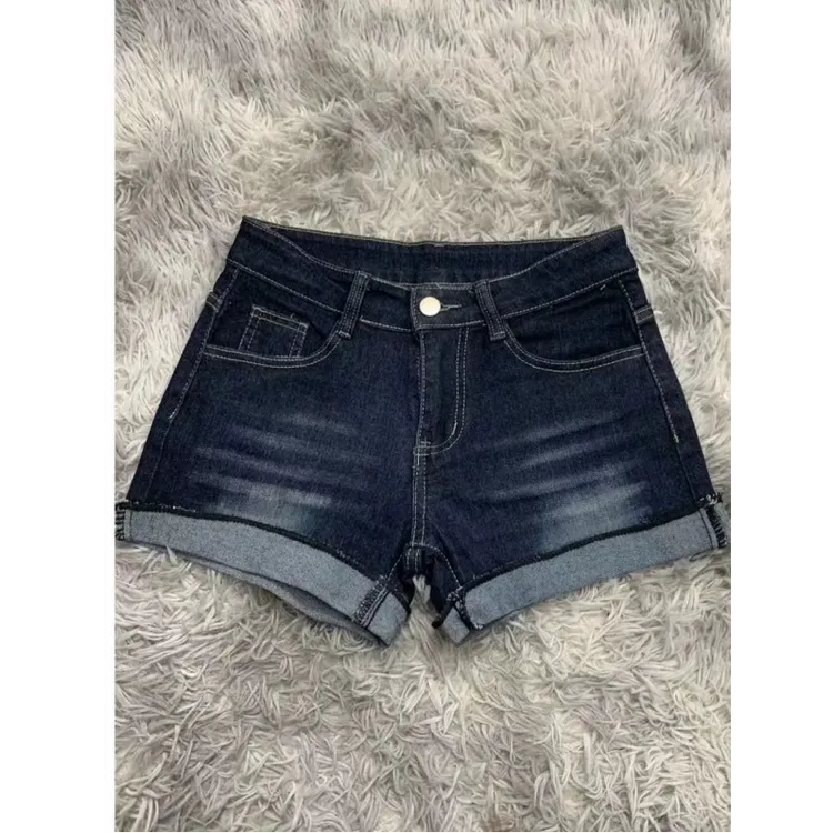 【加长3cm】美式辣妹低腰性感超短裤牛仔裤女夏季深蓝色卷边短裤子