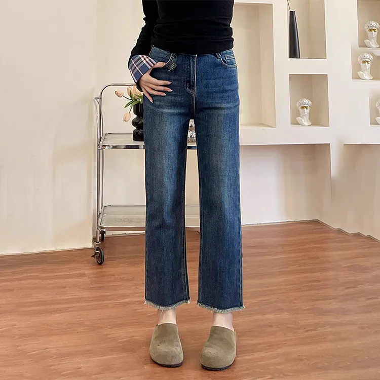 大码胖mm高腰显瘦直筒牛仔裤女春季小众设计感流苏毛边九分烟管裤