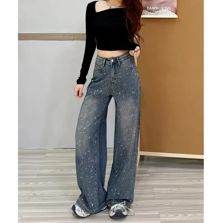 满天星河烫钻阔腿牛仔裤女秋季新款高腰显瘦大码宽松高级感拖地裤