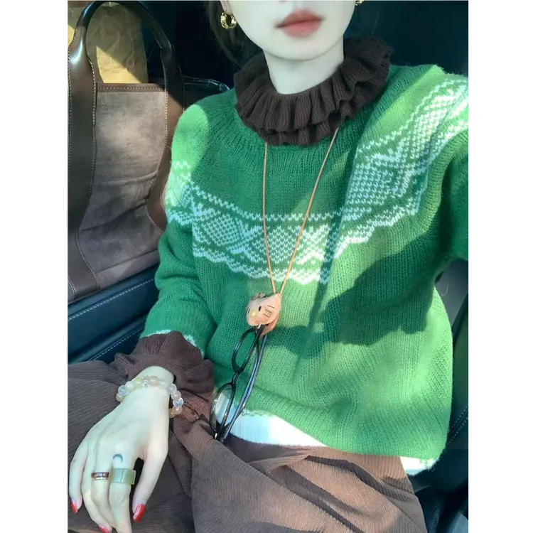 秋冬新款韩系圆领插复古费尔岛绿色软糯针织衫灯芯绒阔腿裤两件套