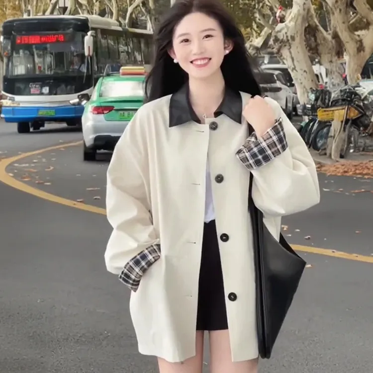 风衣女士春秋翻领小个子黑白格子撞色拼接短外套白色短款FY25038