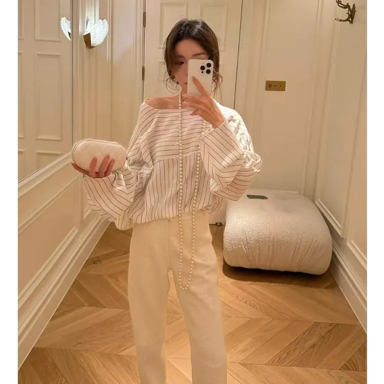 韩系穿搭2025春季新款简约宽松荡领条纹长袖衬衫上衣高腰裤子套装