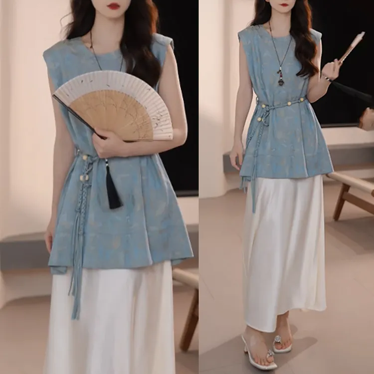 香朵儿2025夏季新款新中式轻奢时尚马甲腰带半裙套装设计感两件套