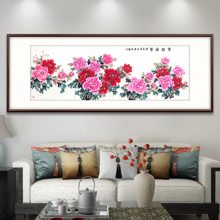  新中式客厅装饰画绘画沙发背景墙壁画花鸟卧室床头挂画牡丹国画