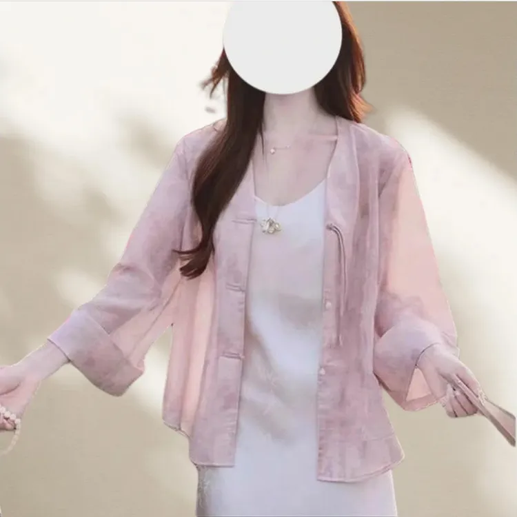 高级感轻薄新中式防晒开衫衬衫女配吊带裙子外搭罩衫夏天薄纱上衣