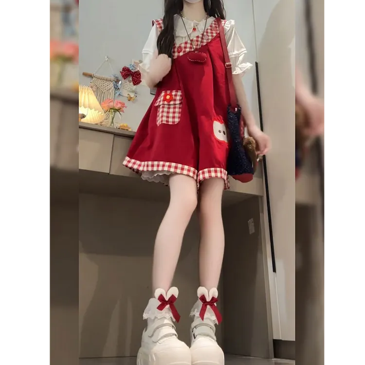 学院风小个子洋气减龄上衣背带裤两件套女2025年夏季新款时尚套装