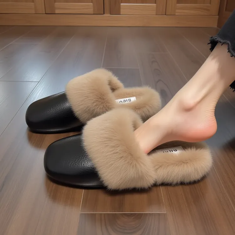 兔毛绒真皮包头毛毛拖鞋女秋冬外穿2024新款平底一脚蹬银色棉拖鞋