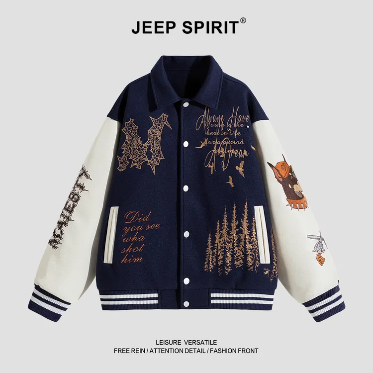 JEEPSPIRIT吉普罗纹下摆秋季刺绣牛皮袖棒球夹克情侣宽松街头国潮
