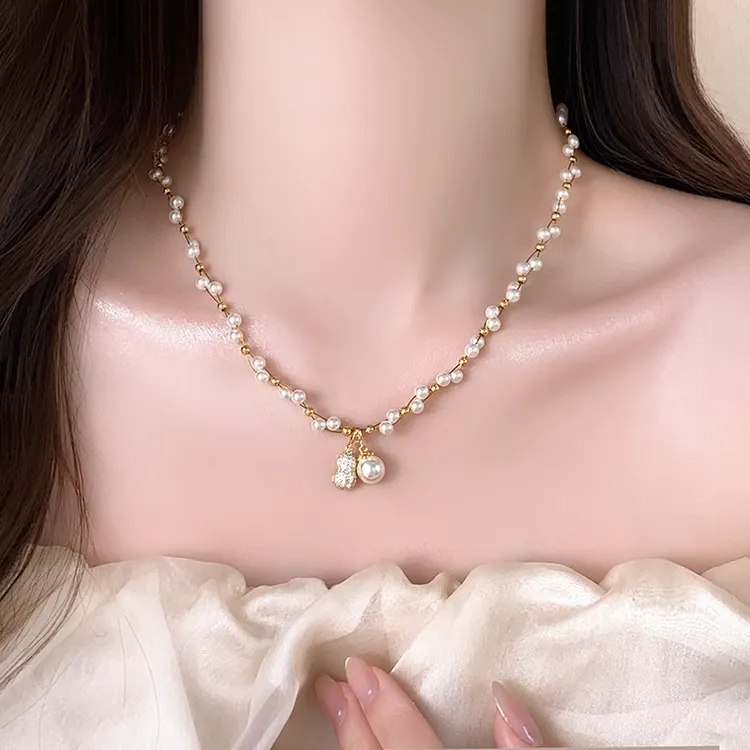 铜合金项链 好事花生珍珠项链2025新款颈链女配裙子高级感锁骨链 