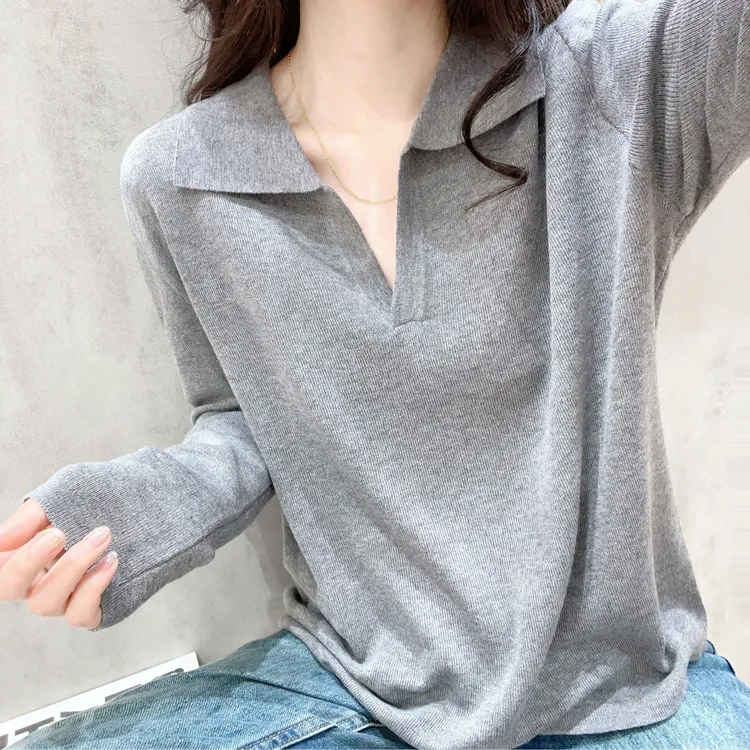 Polo领针织衫女秋冬宽松显瘦百搭露锁骨软糯长袖套头外搭上衣