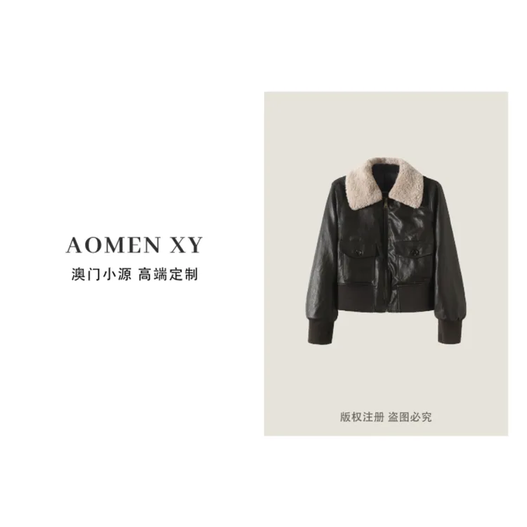 2025冬明星同款复古美式绵羊皮短款毛领皮衣外套HQ-one