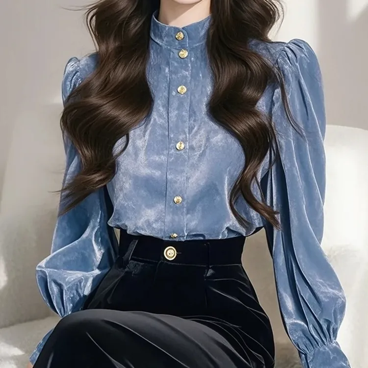 蓝色立领丝绒衬衫女秋冬季新款轻奢高级感气质独特超好看内搭上衣
